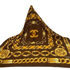 CHANEL PARIS Brown/Gold Silk Scarf Chain Print  34" Square   Luxury  Old Money